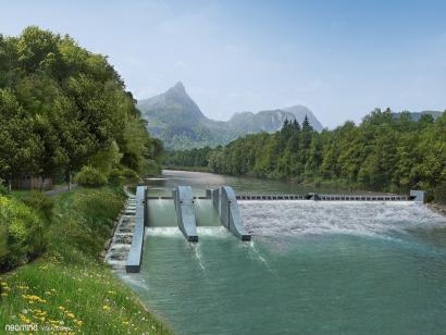 Visualisierung des ökologischen Wasserkraftwerks an der Nonner Rampe.